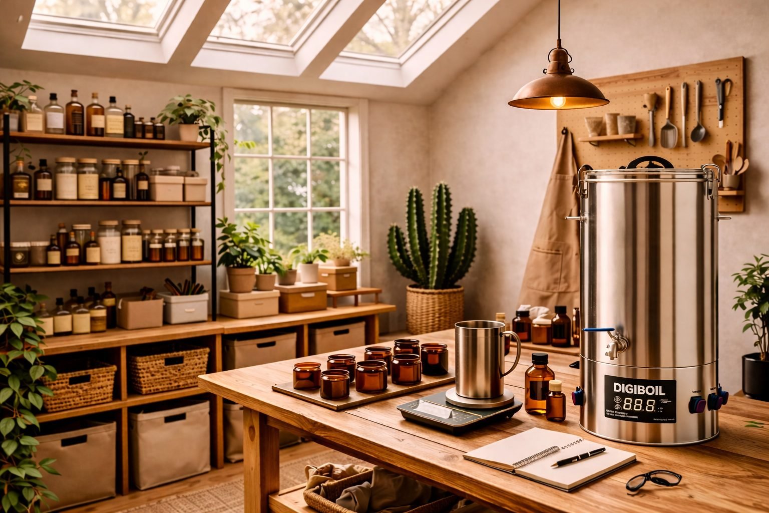 The Six Figure Wick studio: melt station, pour bench, and materials shelving