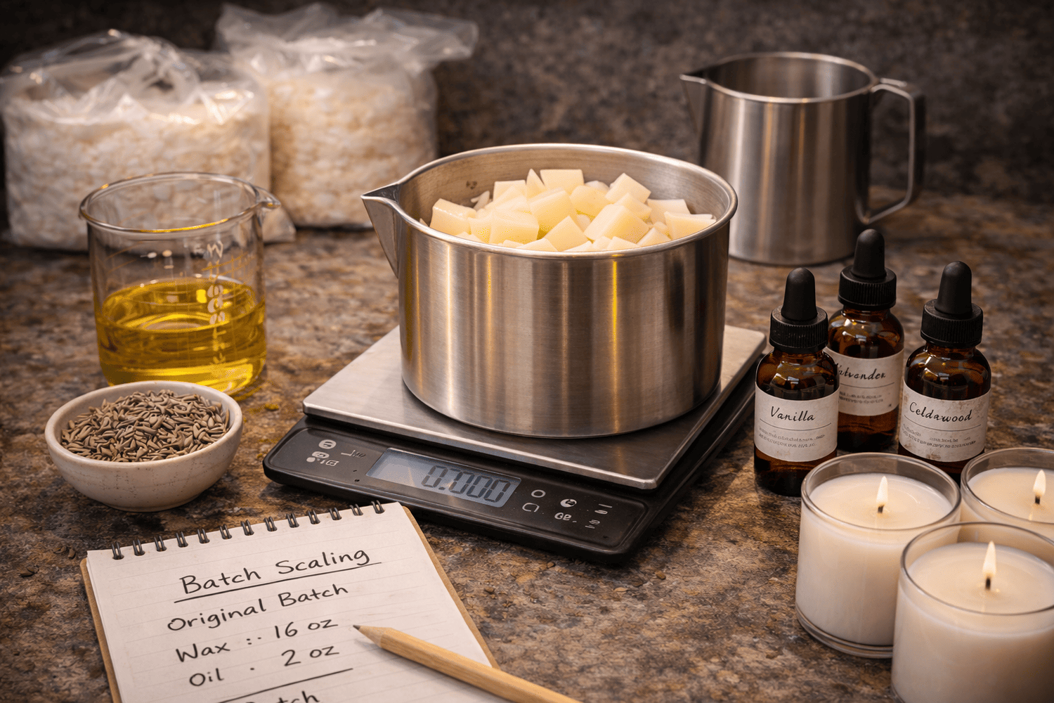 Weighing candle wax for batch