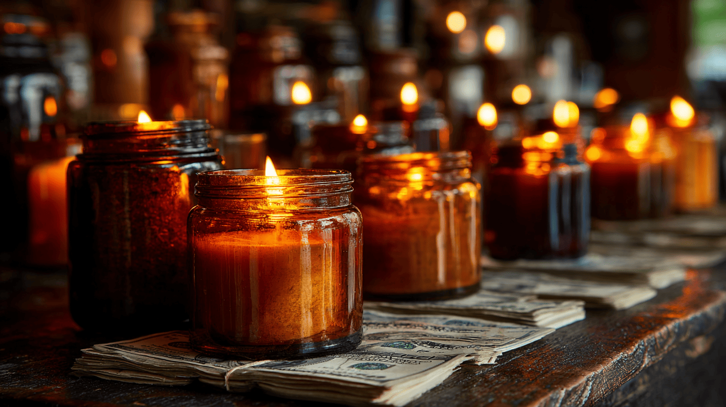 Lit candles sitting on money