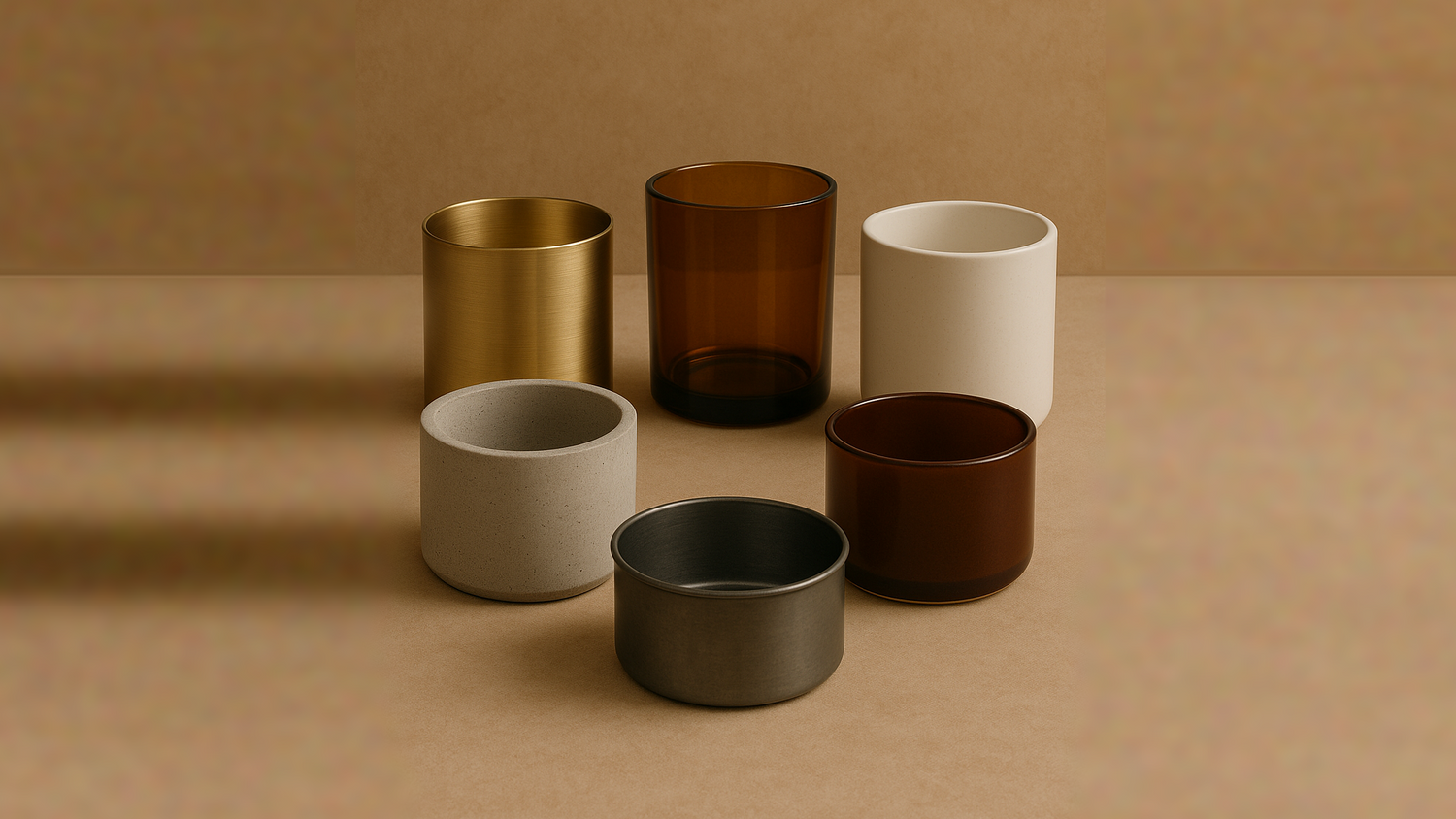 Luxury candle vessels sitting on top of the candle studio workbench