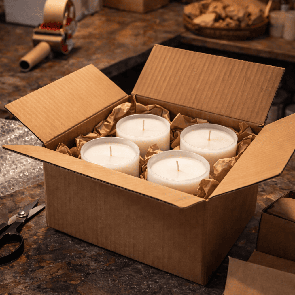 Candles packed in cardboard box for Etsy