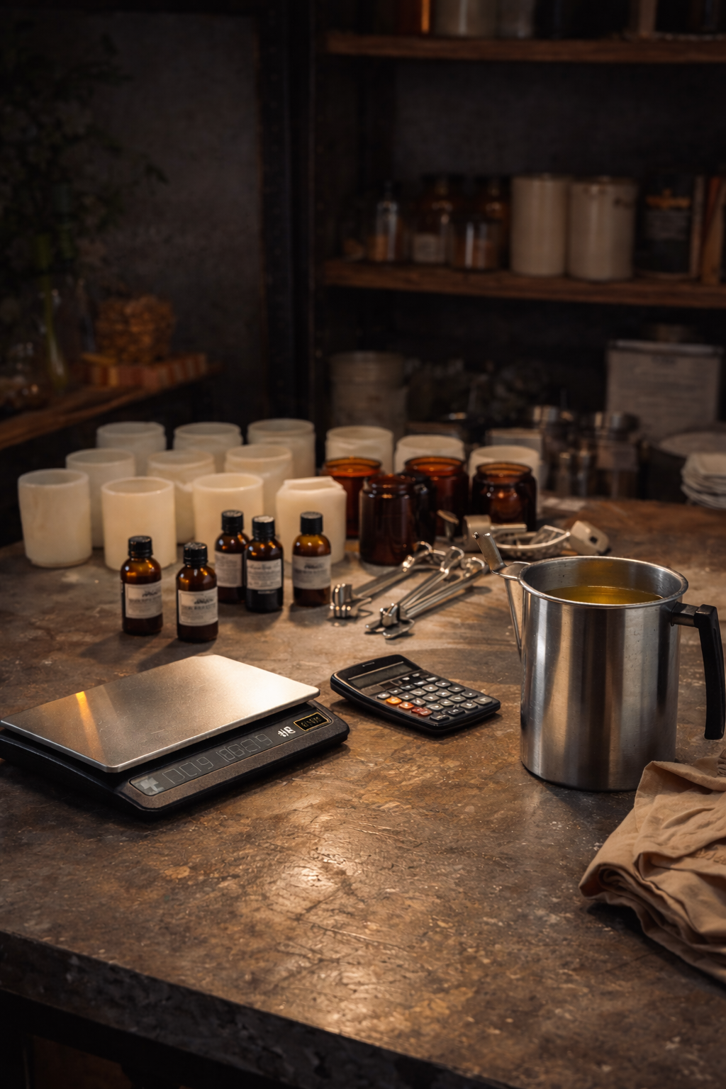 Candle making supplies on workbench