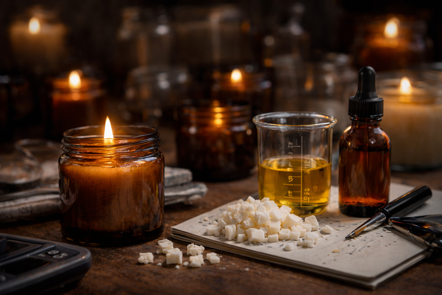 Amber candle, candel maker journal and fragrance bottle