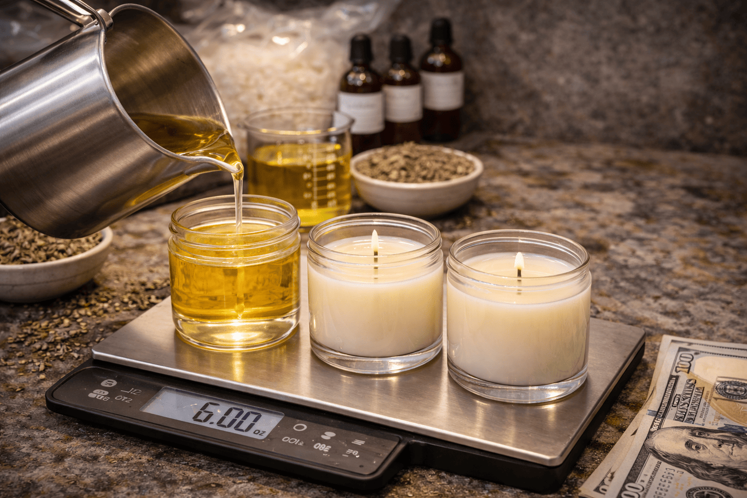 Pouring wax into glass jars
