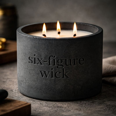 Six Figure Wick branded soy candle in clear glass vessel