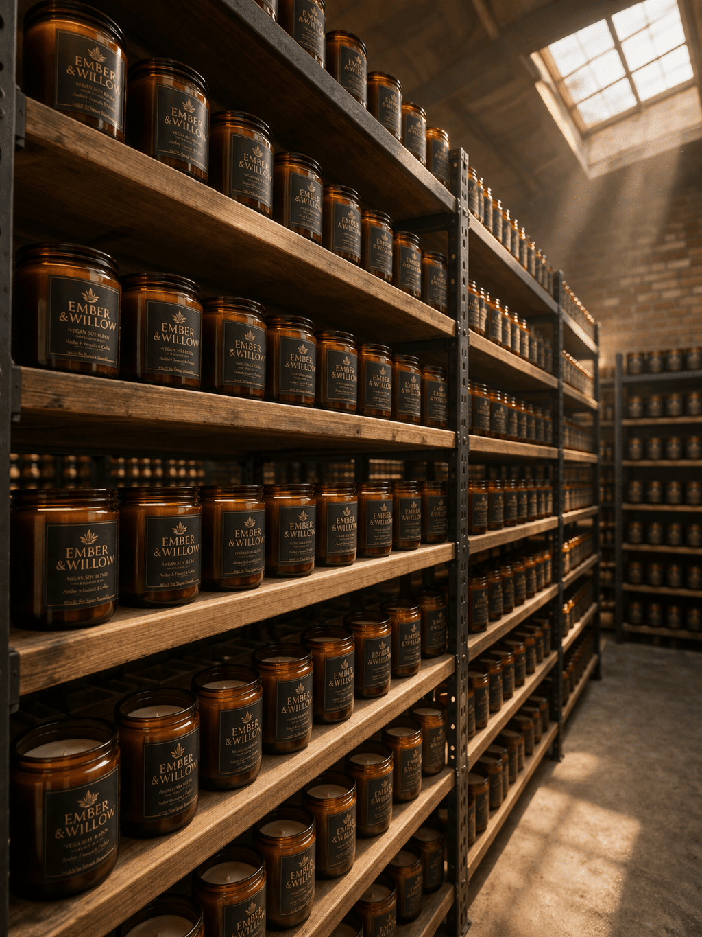 Stored candles in storage room on a rack