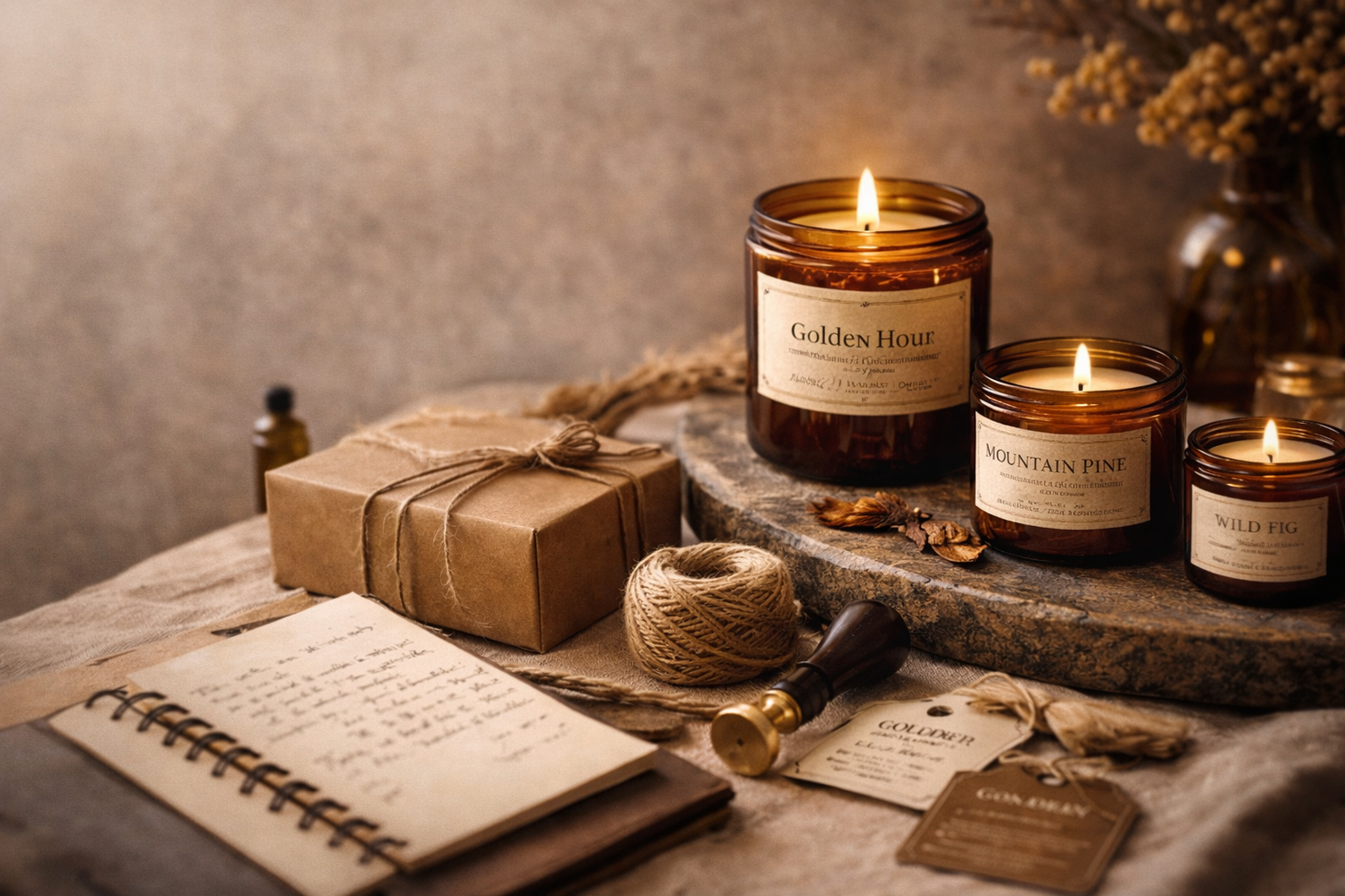 branded amber vessels, twine and a stamp setting atop a table