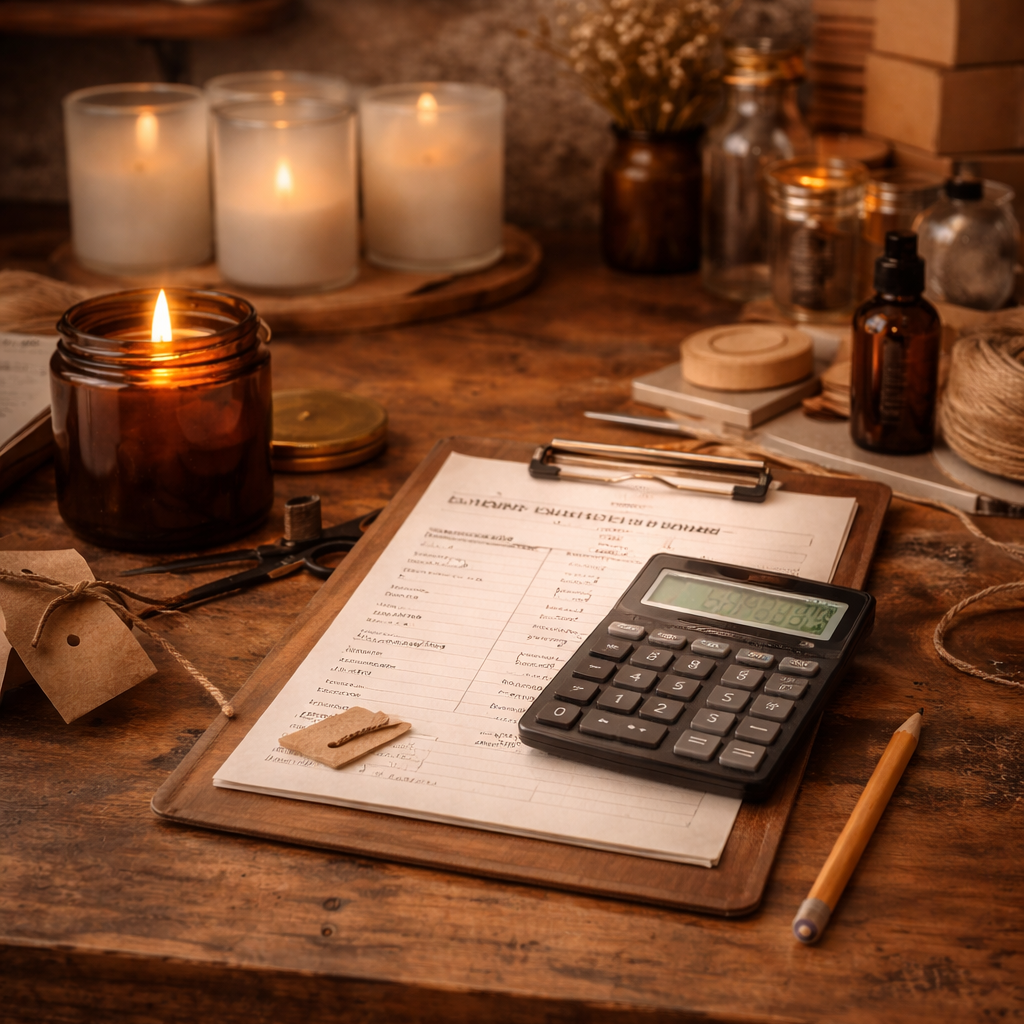 Online Calculators and clipboard, along with some amber vessels a pencil and dried flowers resting atop a candle maker workbench.