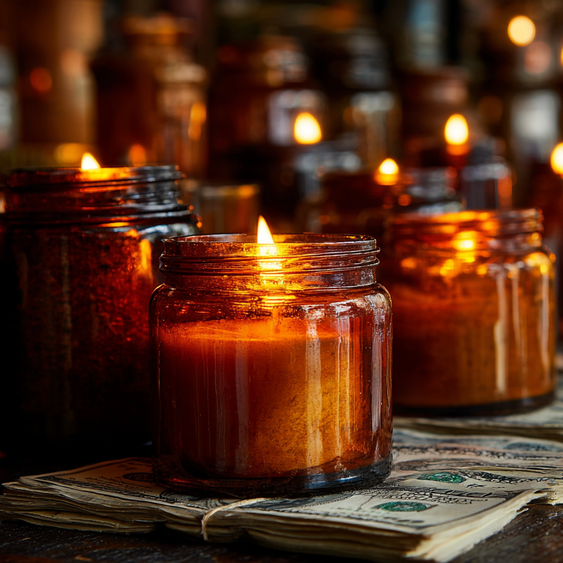 amber vessels illuminated by the flame resting atop 100$ bills