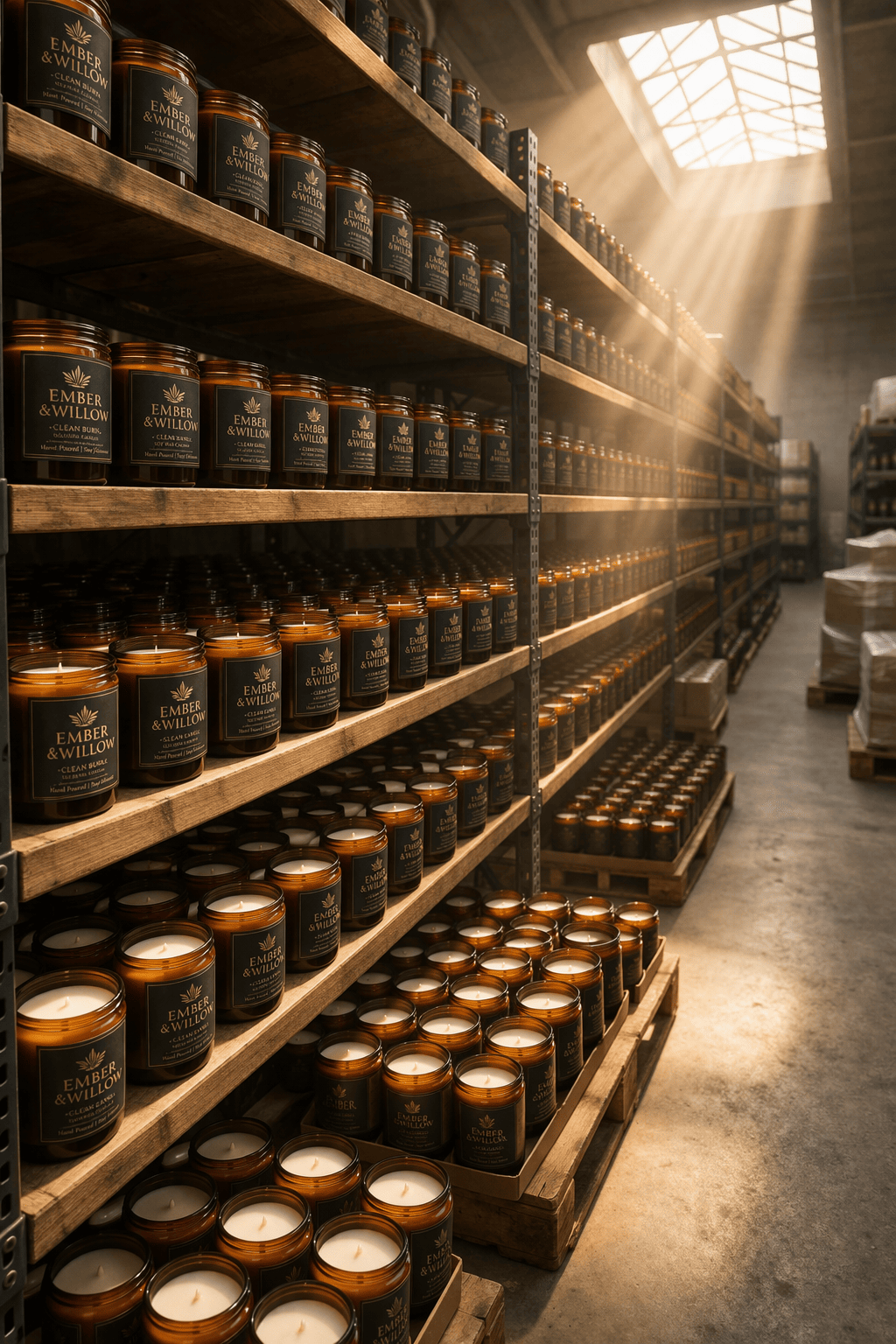 Warehouse shelves stocked with rows of labeled jar candles, sunlight streaming in