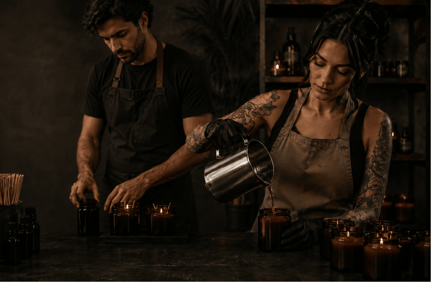 couple preparing custom candles